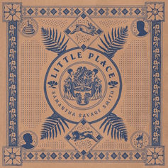 Vintage tan-and-blue poster with circular logo, palm leaves, and dancers; text reads Little Place, Samantha Savage Smith.