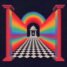 A rainbow-colored corridor with red columns and a black-and-white checkered floor leads to a white dome structure, set against a dark background.