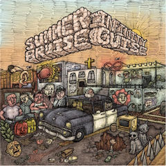 Retro art shows a car, people, and animals in a chaotic urban scene with a setting sun. Text reads Summer Infinity Cruise in the sky.