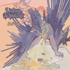 Lindsay Schoolcraft album art shows a crowned woman in a pale dress with dark wings on a peach background.