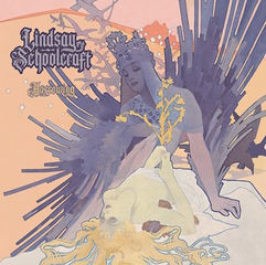 Lindsay Schoolcraft album art shows a crowned woman in a pale dress with dark wings on a peach background.