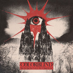 Gothic cathedral under a red eye-like sunburst, with COLORBLIND text below, in a bleak black-and-white eerie poster.