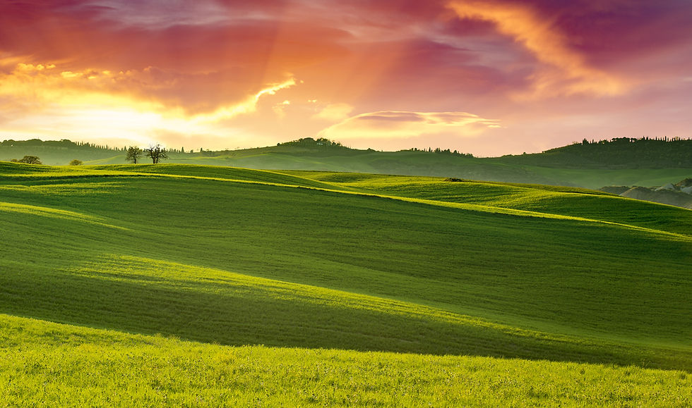 stunning sunset on green rolling hills