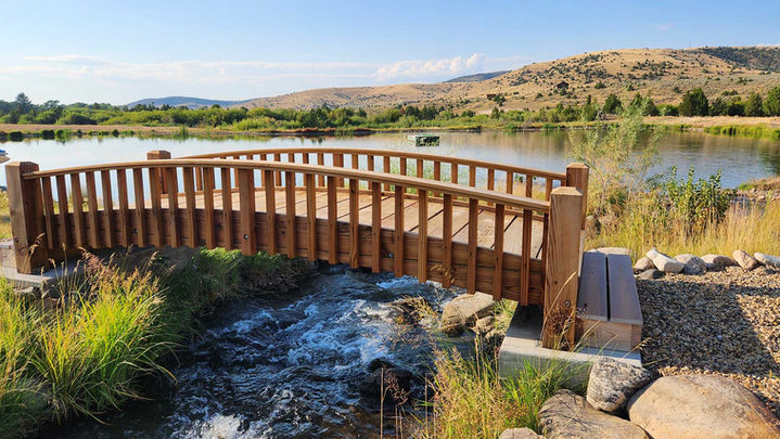 Wooden bridge over creek, at Hangman’s Guest Ranch