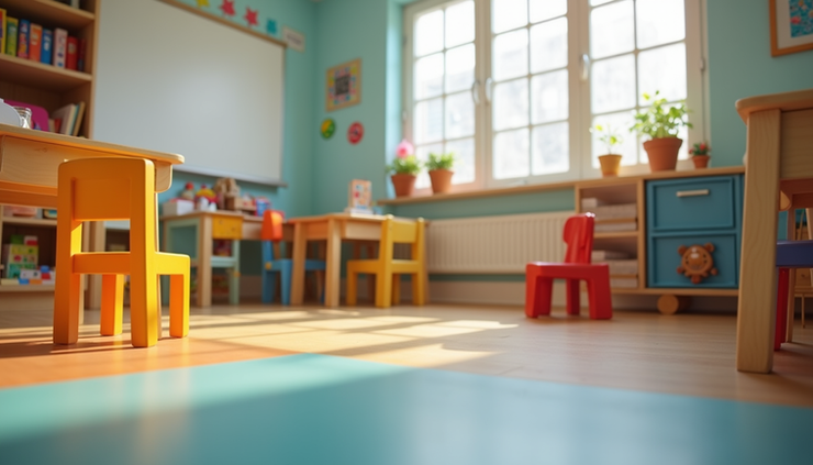 Eye-level view of a colorful early childhood classroom with learning materials and toys neatly arranged