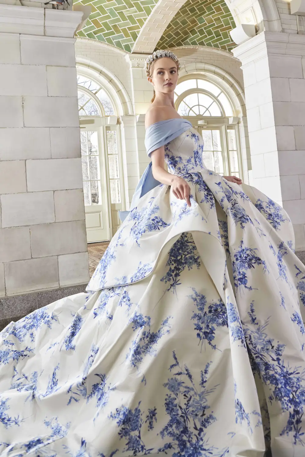 Sareh Nouri's Hydrangea dress, Printed floral duchess satin off the shoulder draped band with watteau petal and oversized ballgown with layered detail.