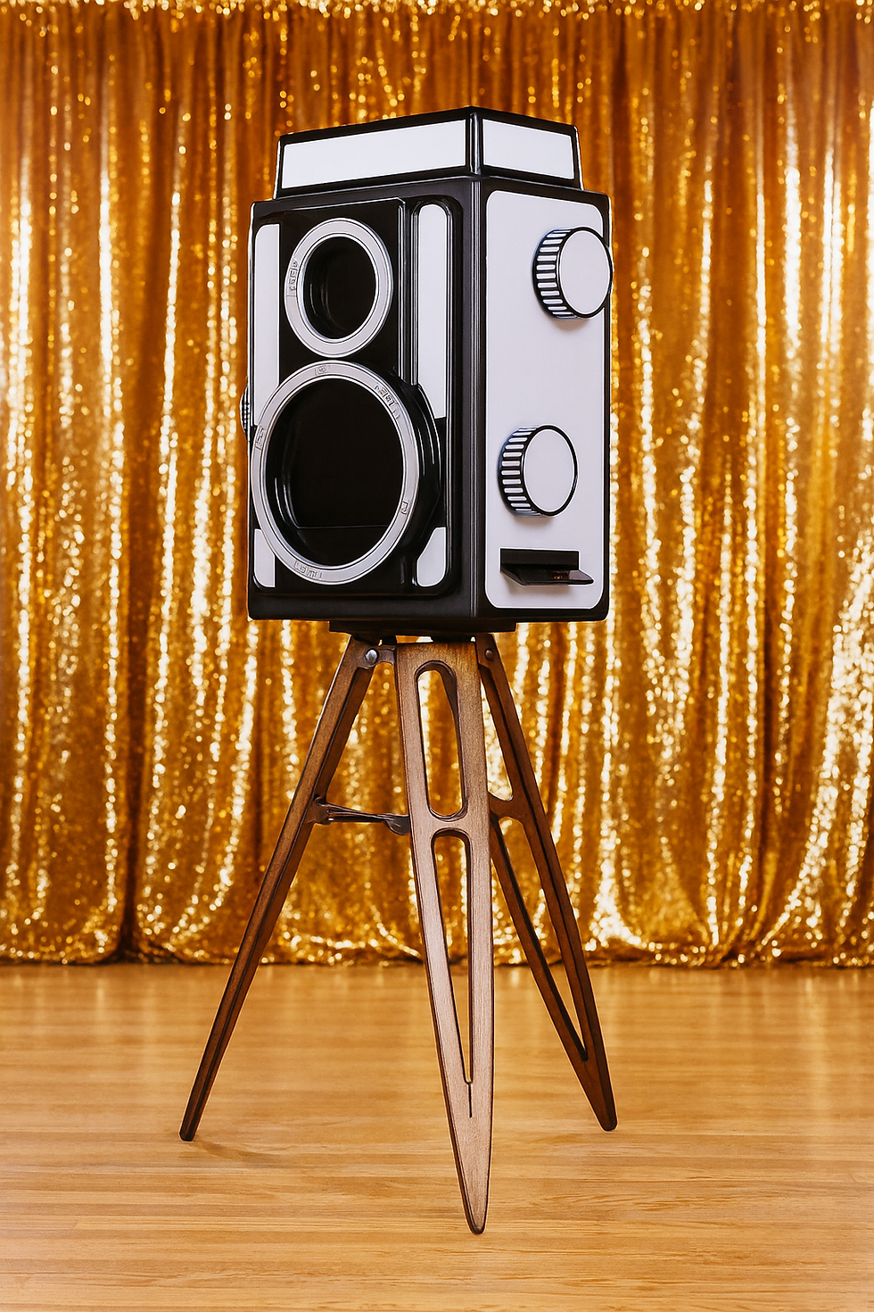 Rollie photo booth in front of gold curtain