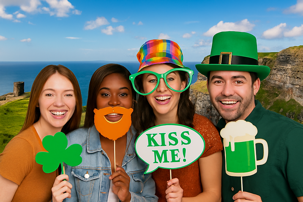 Event attendees creating a St Patrick's day photo with props and a green screen
