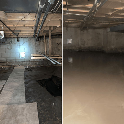 Before and after basement floor waterproofing — left shows torn black vapor barrier with exposed dirt and framing lumber mid-project; right shows wide open space with smooth finished concrete floor throughout