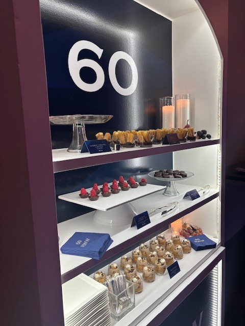 Dessert display with “60” backdrop, candles, and mini sweets for a Chicago birthday celebration.