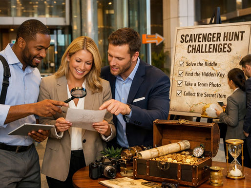 A group of employees and event attendees participating in a scavenger hunt