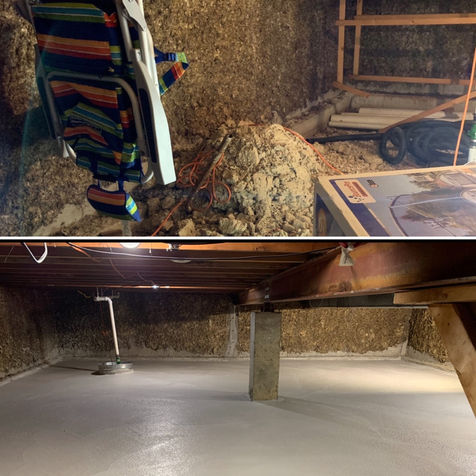 Before and after crawl space waterproofing — top shows dirt floor with mounds of excavated material, a beach chair, and construction equipment; bottom shows smooth concrete floor with sump pump in corner