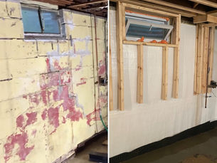 Before and after cinder block basement waterproofing in Westmont — left shows deteriorated block wall with efflorescence staining and failing mortar joints; right shows completed interior vapor barrier and drainage system