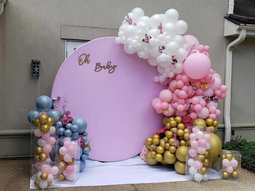 Pink styled backdrop with gold, pink and white balloons