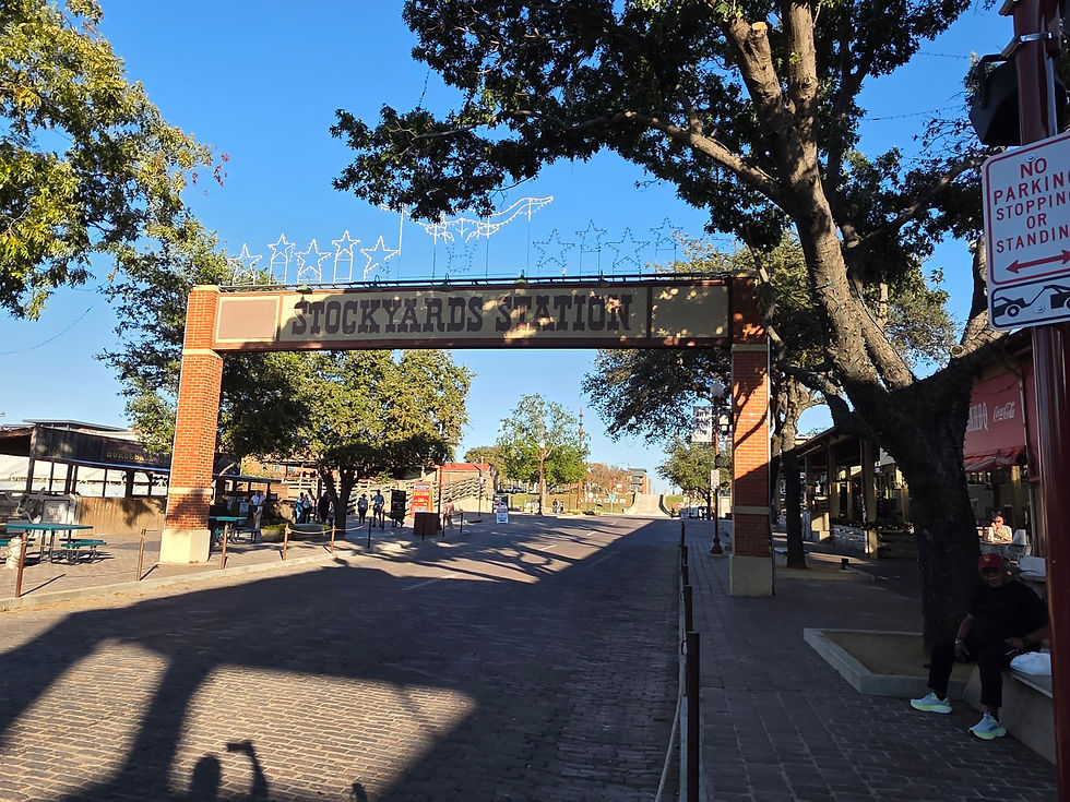Stockyards Station entrance arch spanning the historic cobblestone street in Fort Worth, Texas, with star string lights overhead
