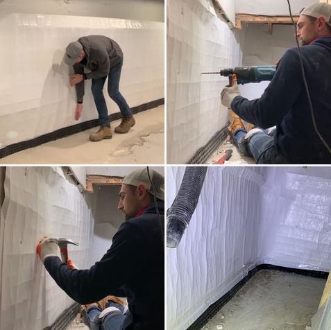 Four-panel photo showing interior basement wall liner installation — technician fitting drainage channel at wall base, drilling anchor holes with a Makita hammer drill, hammering liner pins, and completed white wall liner with perimeter drainage track