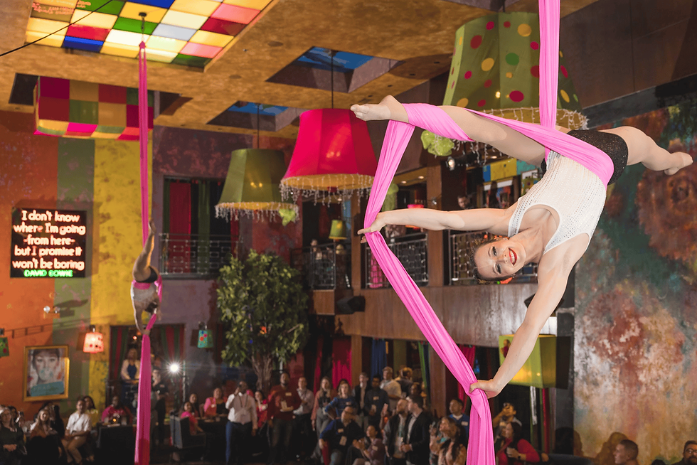 Aerialist performing on pink silks above guests at a Fueled Events experiential party