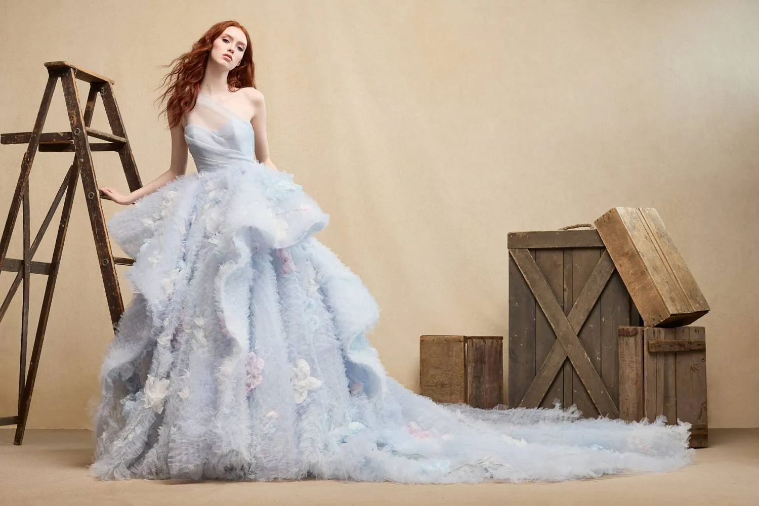 Ines Di Santo's Symphony dress, one shoulder corset with layered peplum ball gown skirt