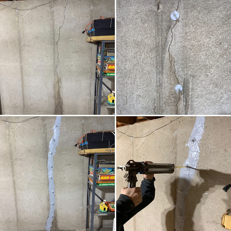 Four-stage foundation crack repair process showing crack in poured concrete wall, injection ports installed along crack, sealed crack after repair, and epoxy injection gun applying sealant