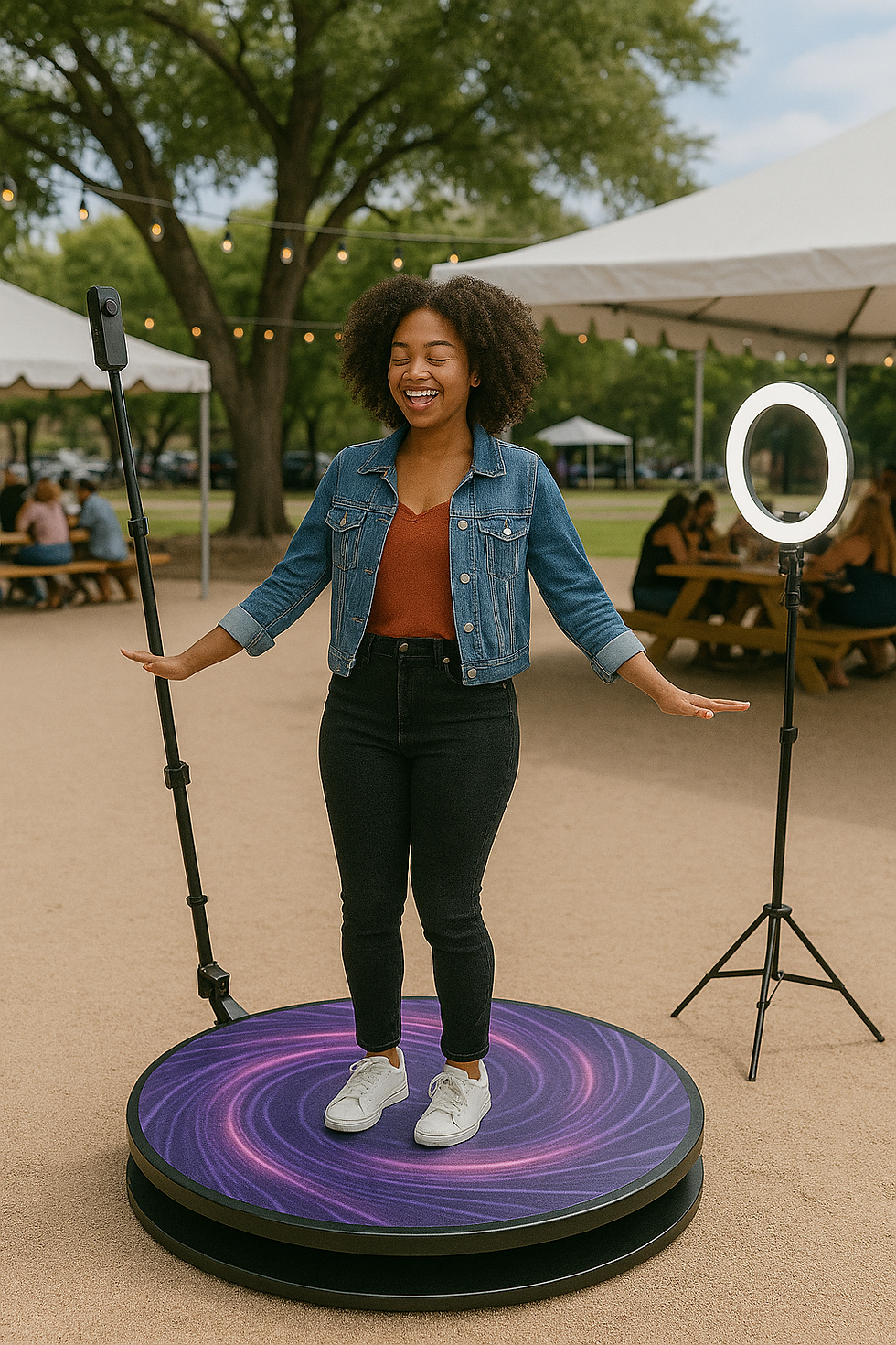A woman enjoys a 360 video booth experience outdoors under string lights. She stands on a rotating platform as a camera captures her, with picnic tables and guests in the background at a lively event.