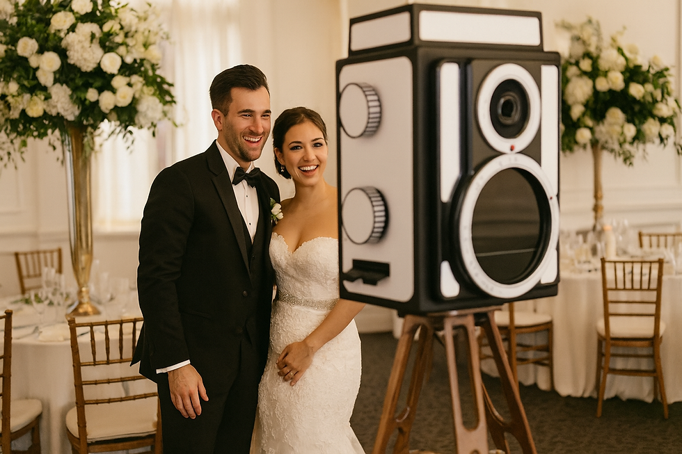 Bride and groom taking a photo with a rollie photo booth