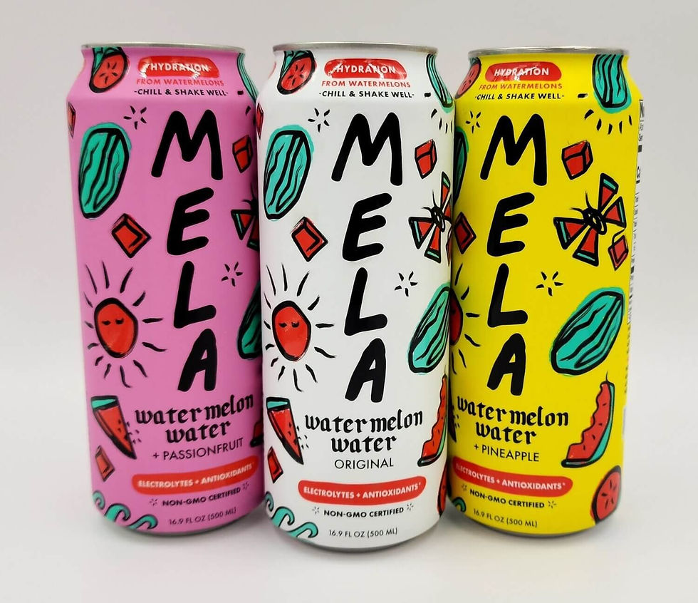 Melon flavored drink in pink, white and yellow cans