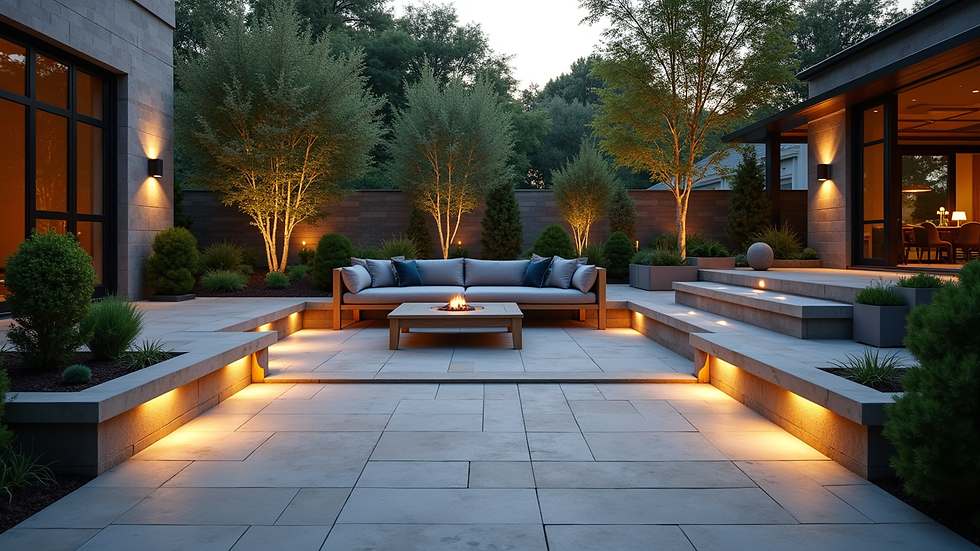Eye-level view of a modern backyard patio with stone flooring and integrated lighting