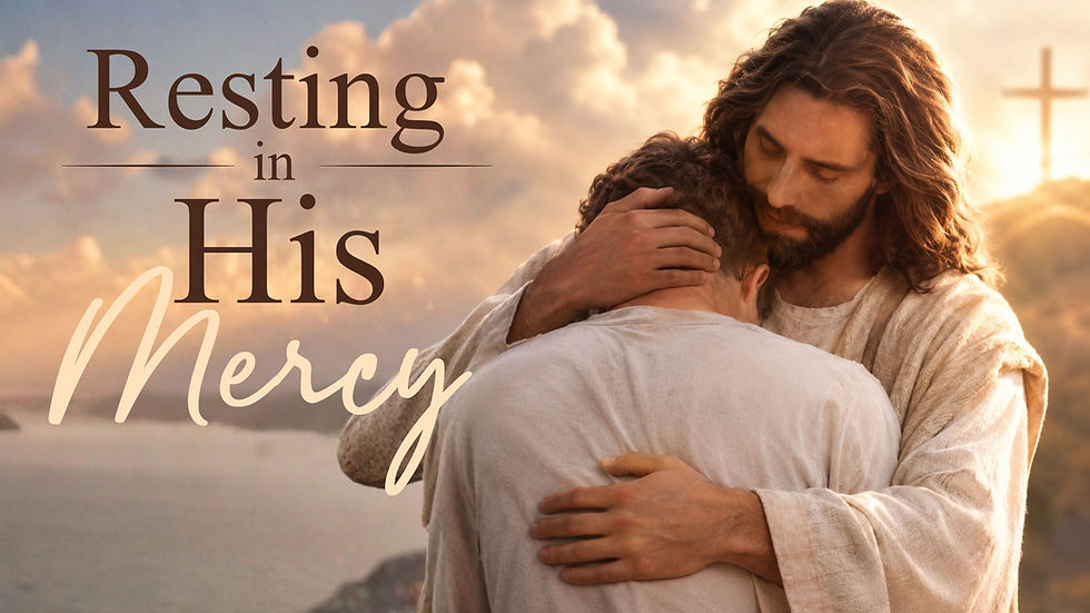 Jesus hugging a young man with the cross in the background