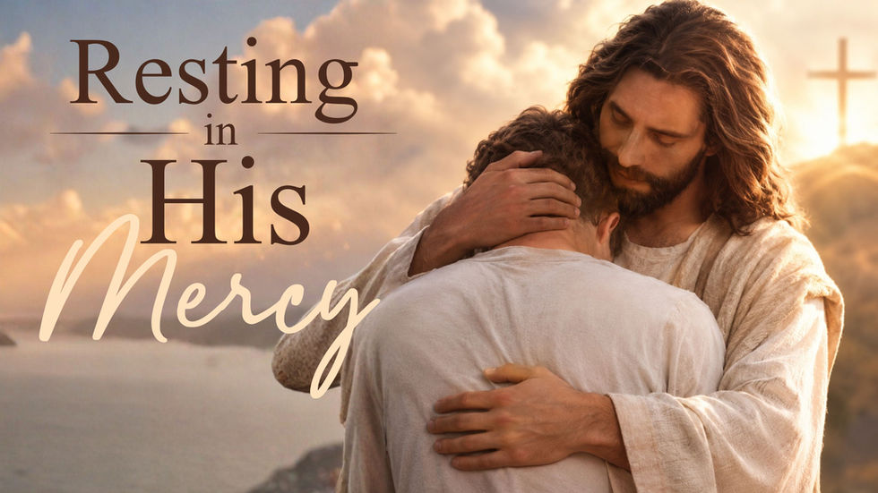 Jesus hugging a young man with the cross in the background