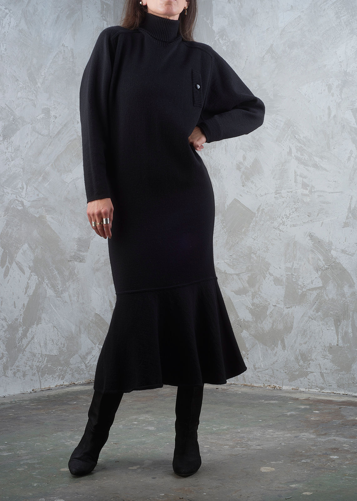 KARL LAGERFELD 1980s Black Mock Neck Sweater Dress M
