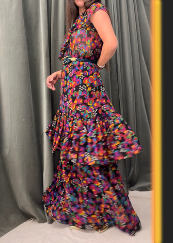 SAINT LAURENT Rive Gauche 1980 Rare Floral Silk Maxi Dress Set M