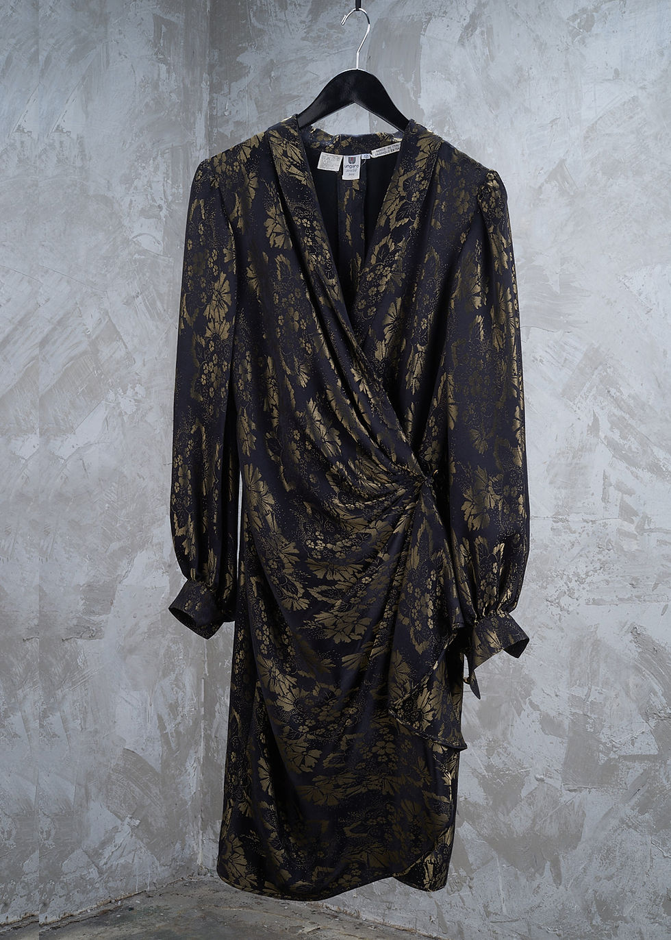 EMANUEL UNGARO 1980s Gold Jacquard Satin Ruched Wrap Dress M