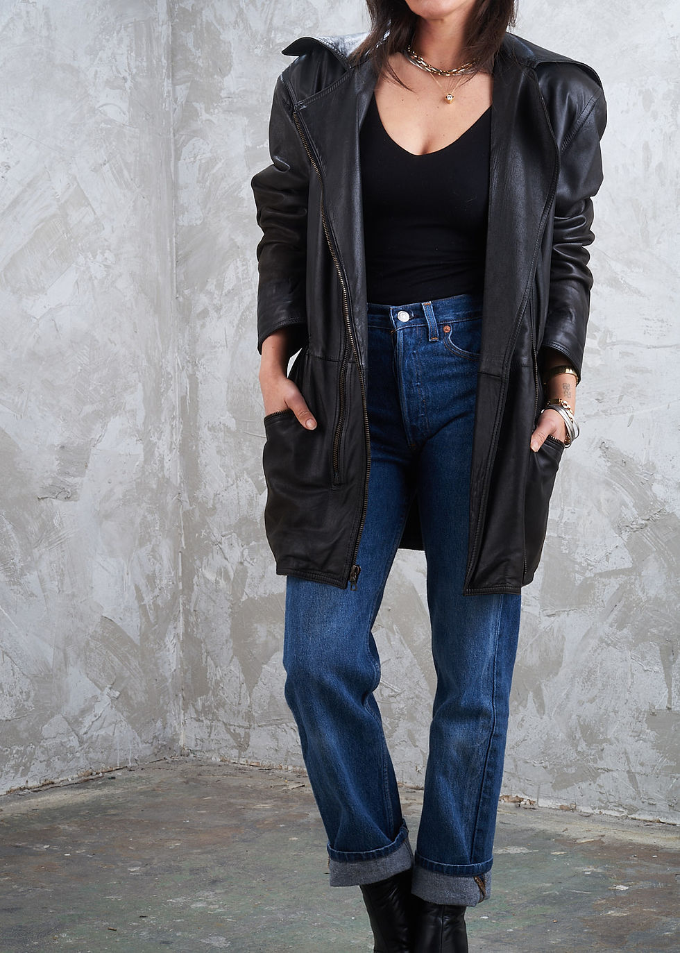 Thumbnail: GIANNI VERSACE Black Leather Coat with Fur Hood