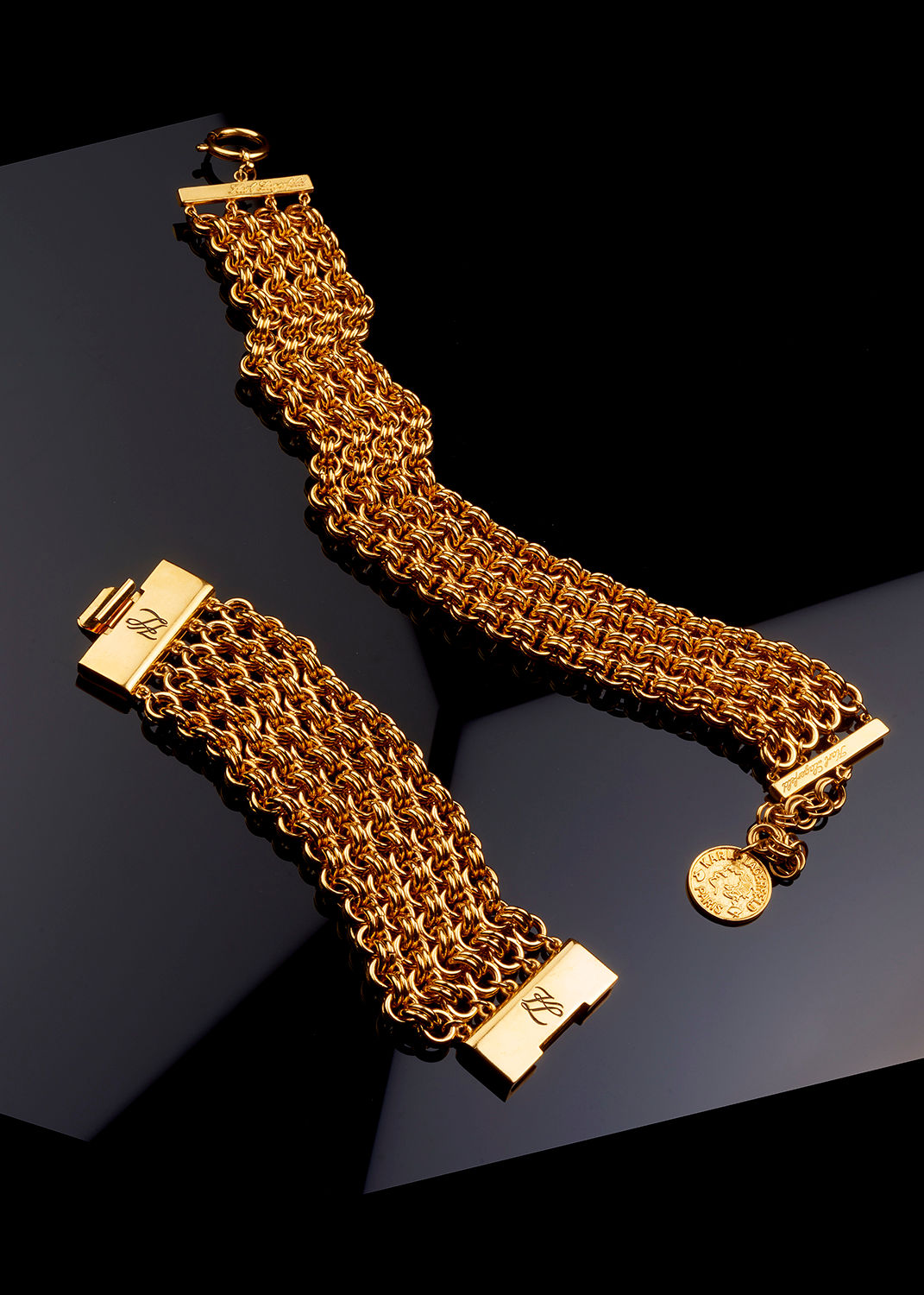 KARL LAGERFELD 1990s 24k Gold Plated Multi Link Chain Choker and Bracelet Set