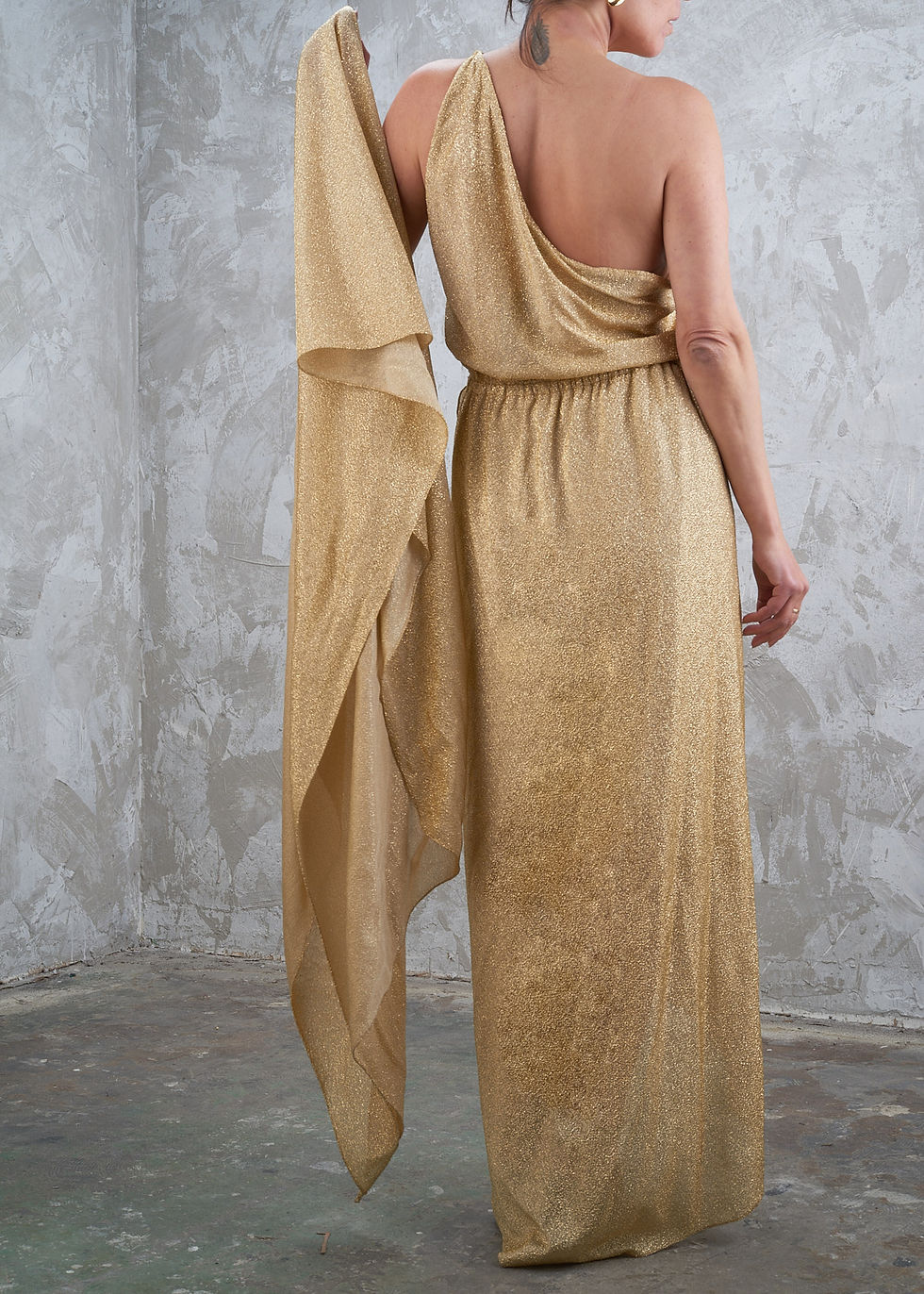 Thumbnail: HALSTON Collection 1970s Gold Lurex Asymmetric Dress - By Inquiry