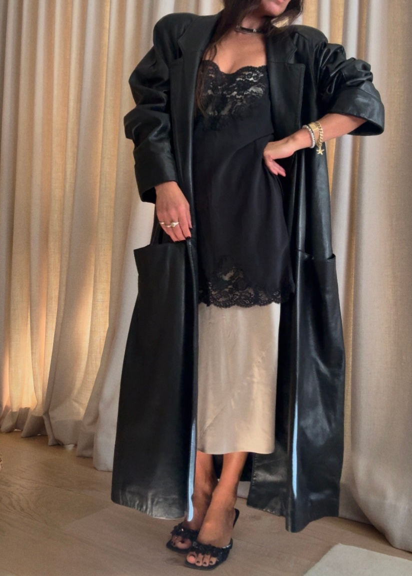 Thumbnail: MAXIMA 1990s Shawl Collar Full Length Leather Trench Jacket M