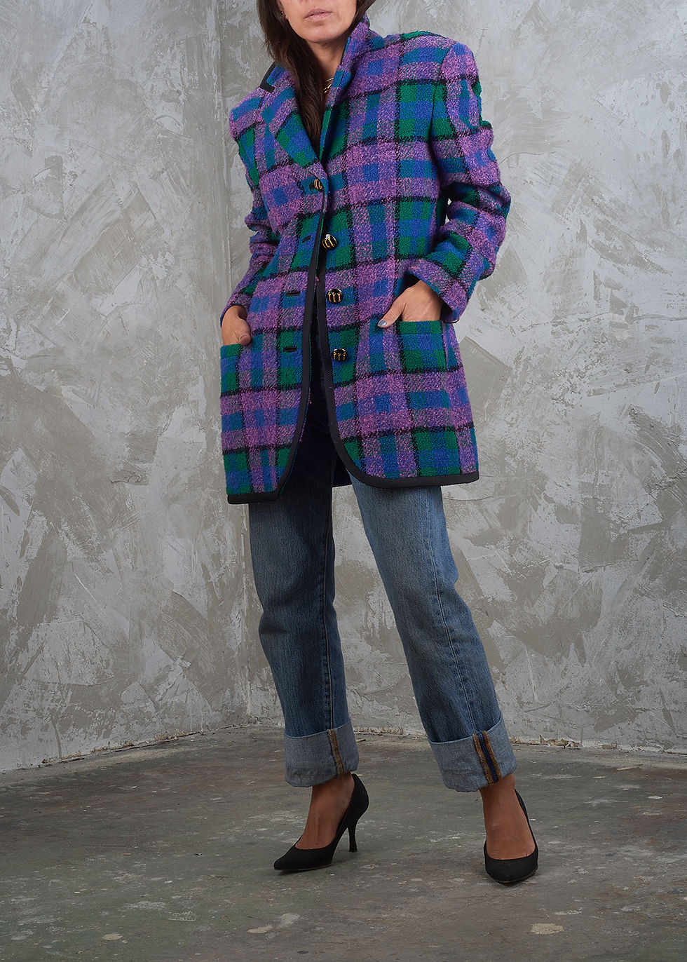 Thumbnail: GIANNI VERSACE Couture Fall 1991 Runway Plaid Bouclé Blazer M