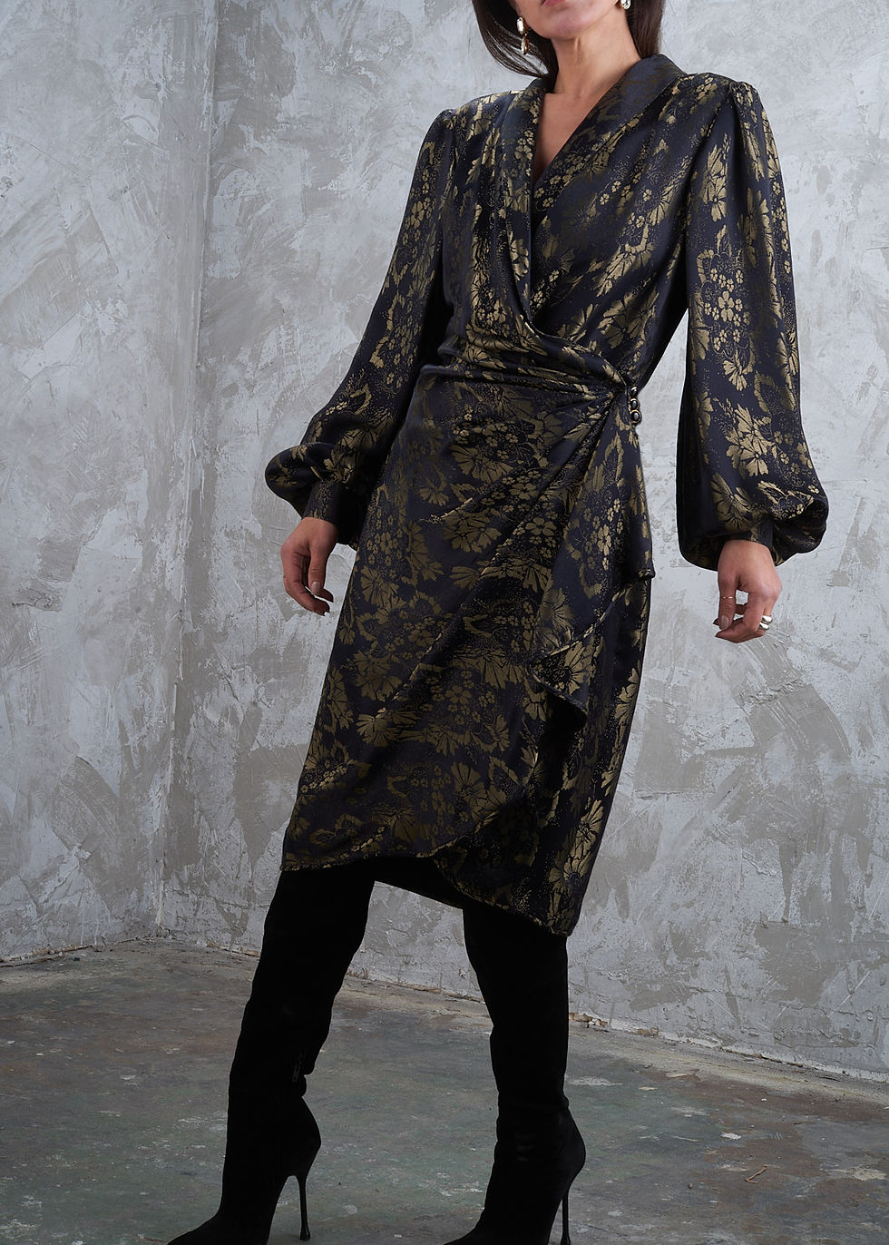 Thumbnail: EMANUEL UNGARO 1980s Gold Jacquard Satin Ruched Wrap Dress M