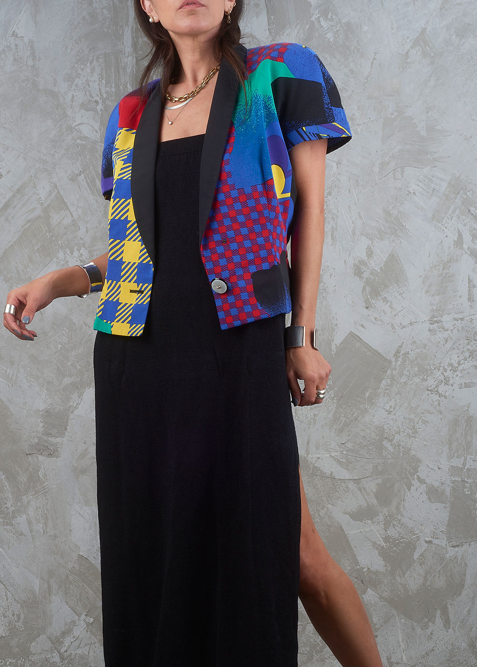 Thumbnail: GIANNI VERSACE Spring 1991 Abstract Plaid Music Note Short Sleeve Blazer S