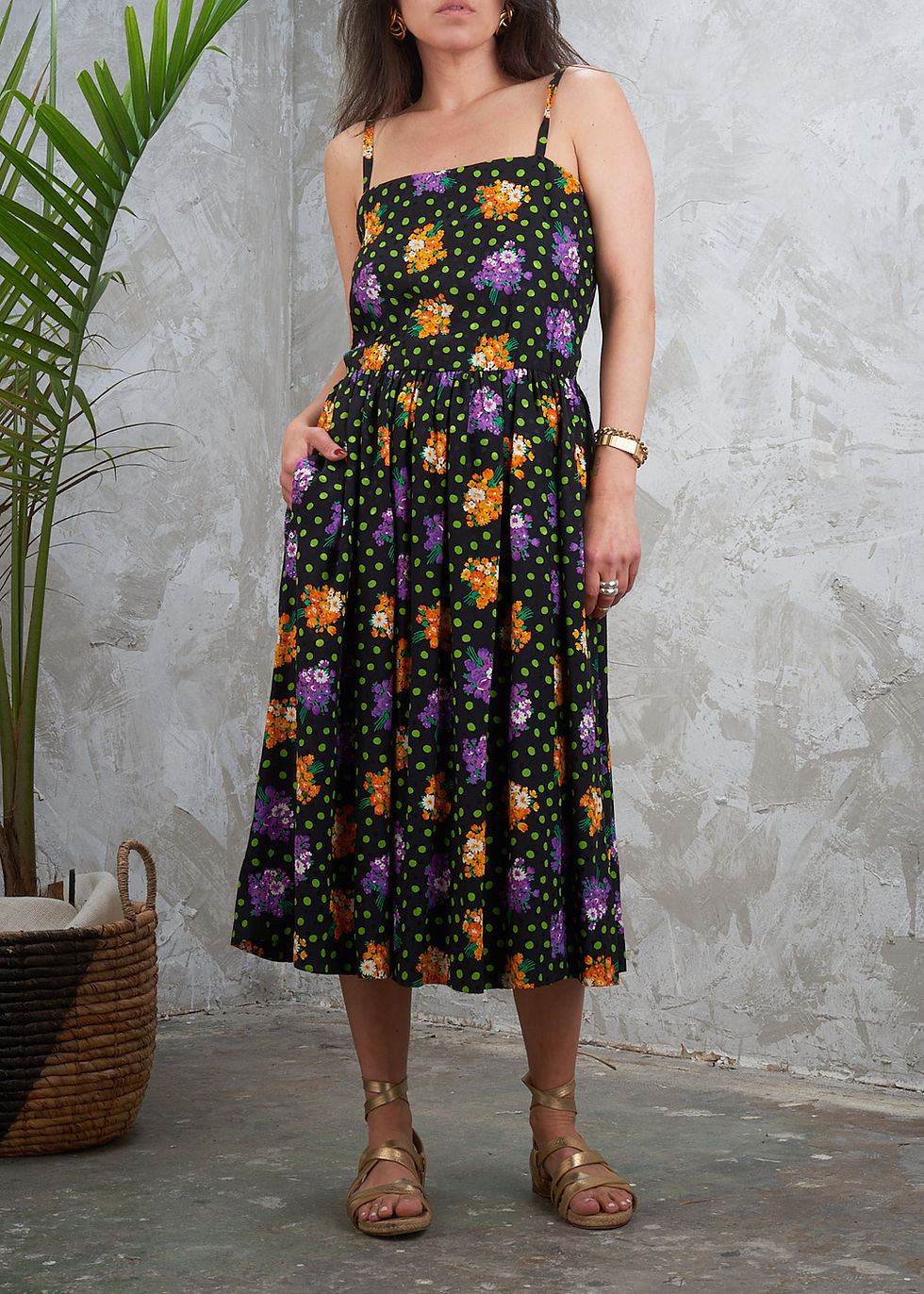 GIVENCHY Boutique 1980s Floral Polka Dot Silk Sun Dress S 