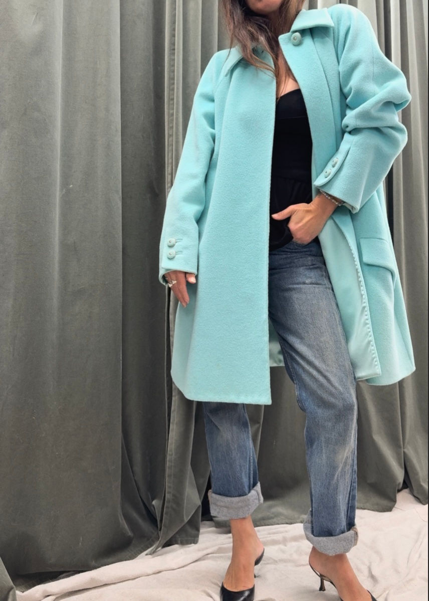 Thumbnail: GIANNI VERSACE Couture Fall 1996 Runway Blue Midi Coat M