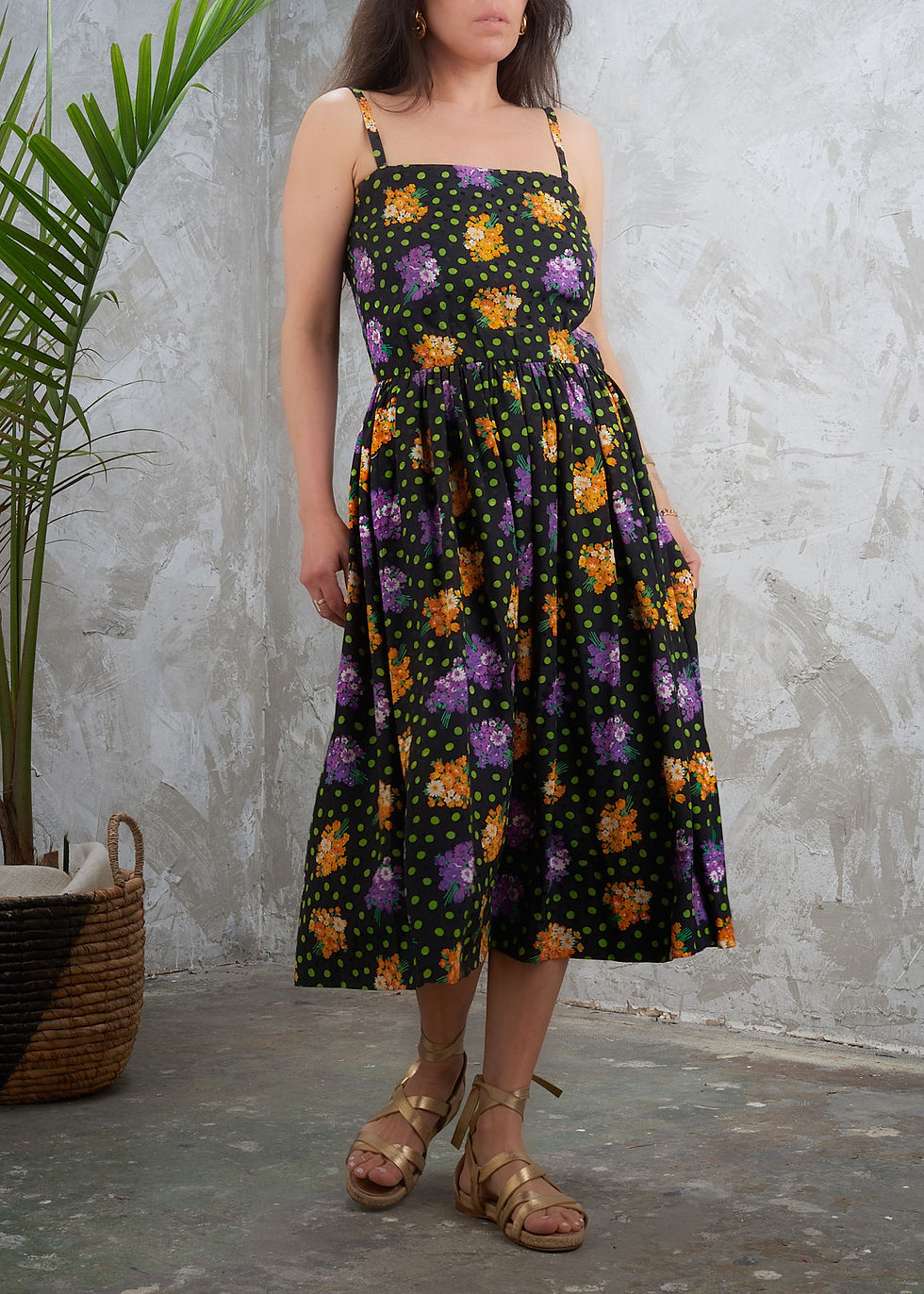 GIVENCHY Boutique 1980s Floral Polka Dot Silk Sun Dress S