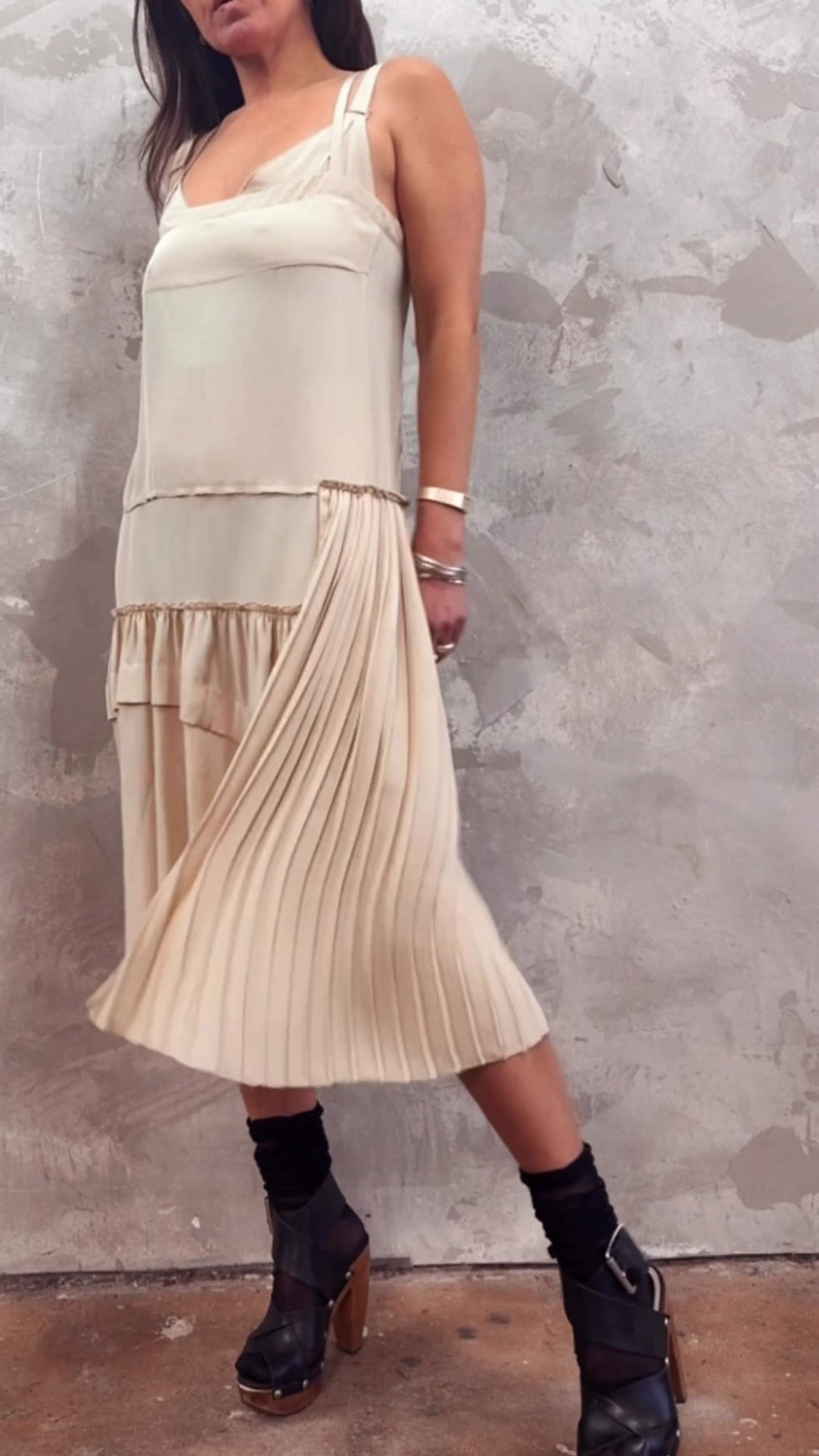 Thumbnail: PRADA Spring 2006 Drop Waist Pleat Silk Slip Dress S M