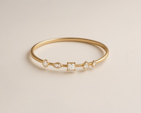 Customizable Mixed Cut Diamond Bangle Bracelet in Yellow Gold