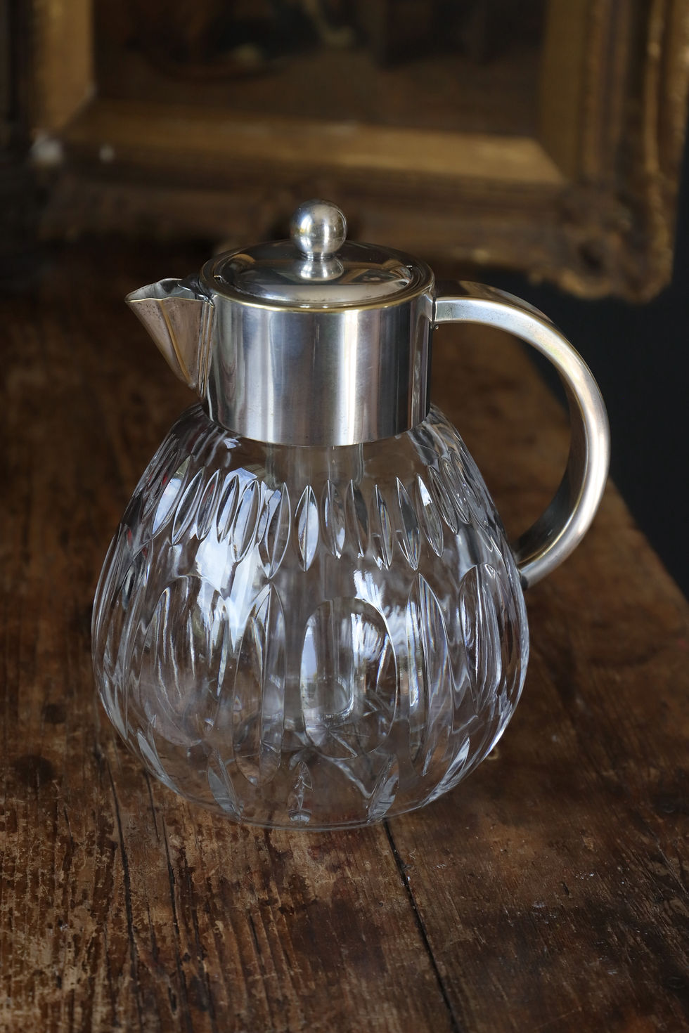 Miniature : Carafe vintage en cristal et métal argenté avec tube à glace