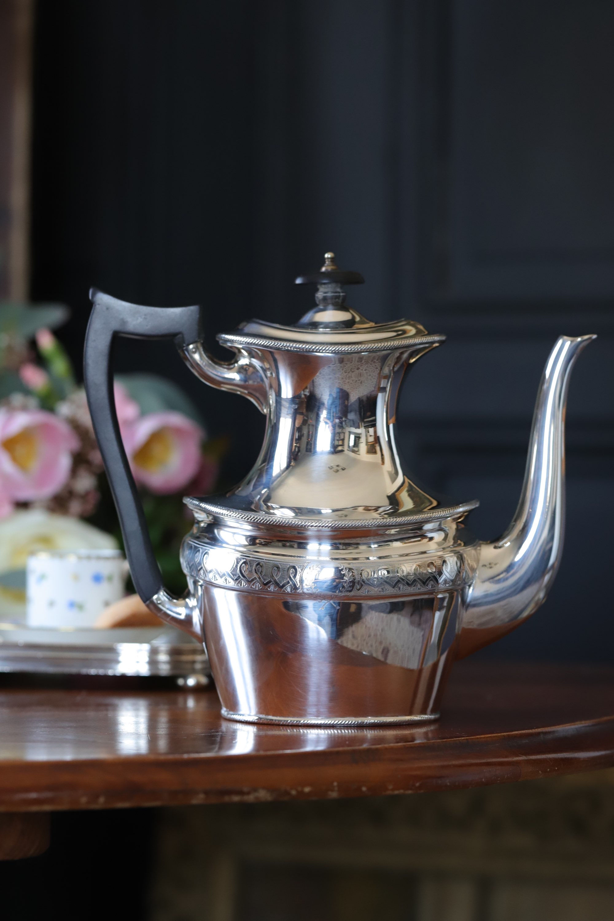 English silver plated coffee pot - HF monogram
