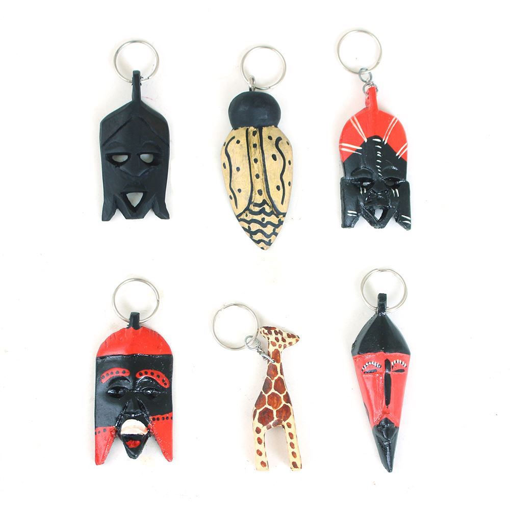 Set Of 6 Wooden AFRICAN ART Key Chains Handcrafted