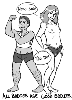 Celebrating body diversity: two trans individuals proudly compliment each other, embracing the beauty of all bodies.