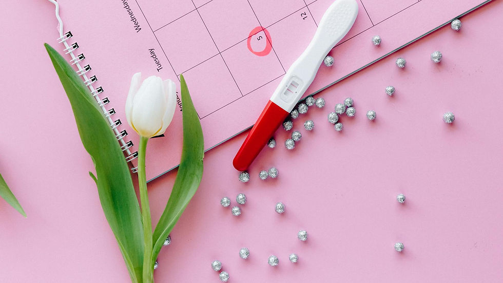 A close-up of a pregnancy test, calendar, and tulip arranged on a pink surface.