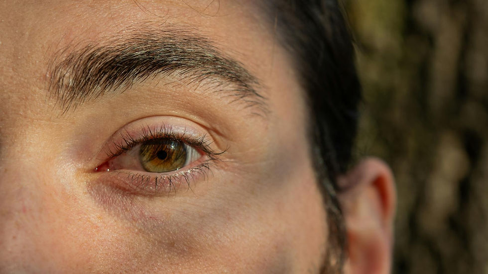 Detailed close-up of a human eye with brown iris reflecting natural light.